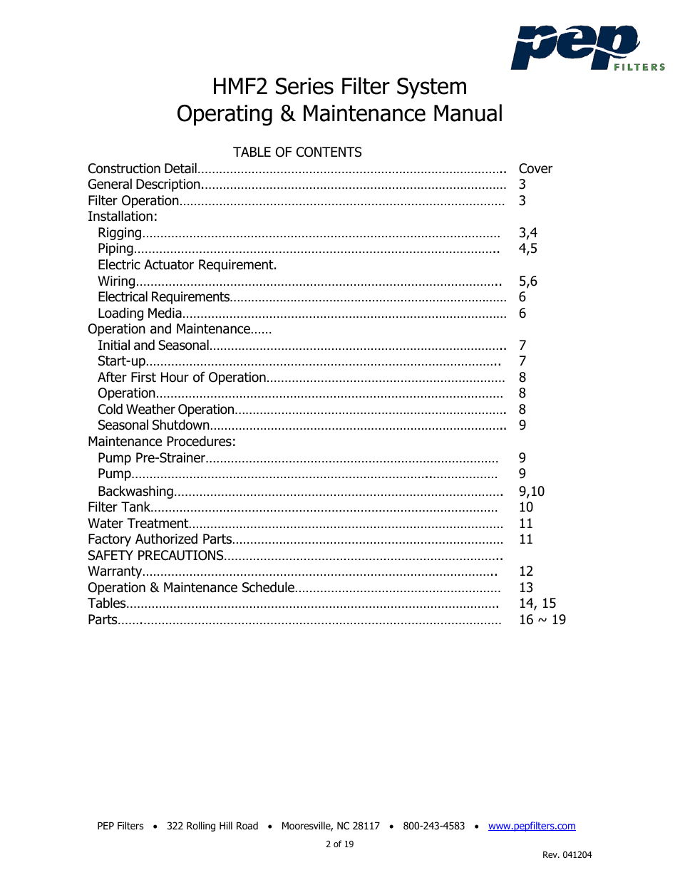 PEP Filters HMF2 User Manual | Page 2 / 19