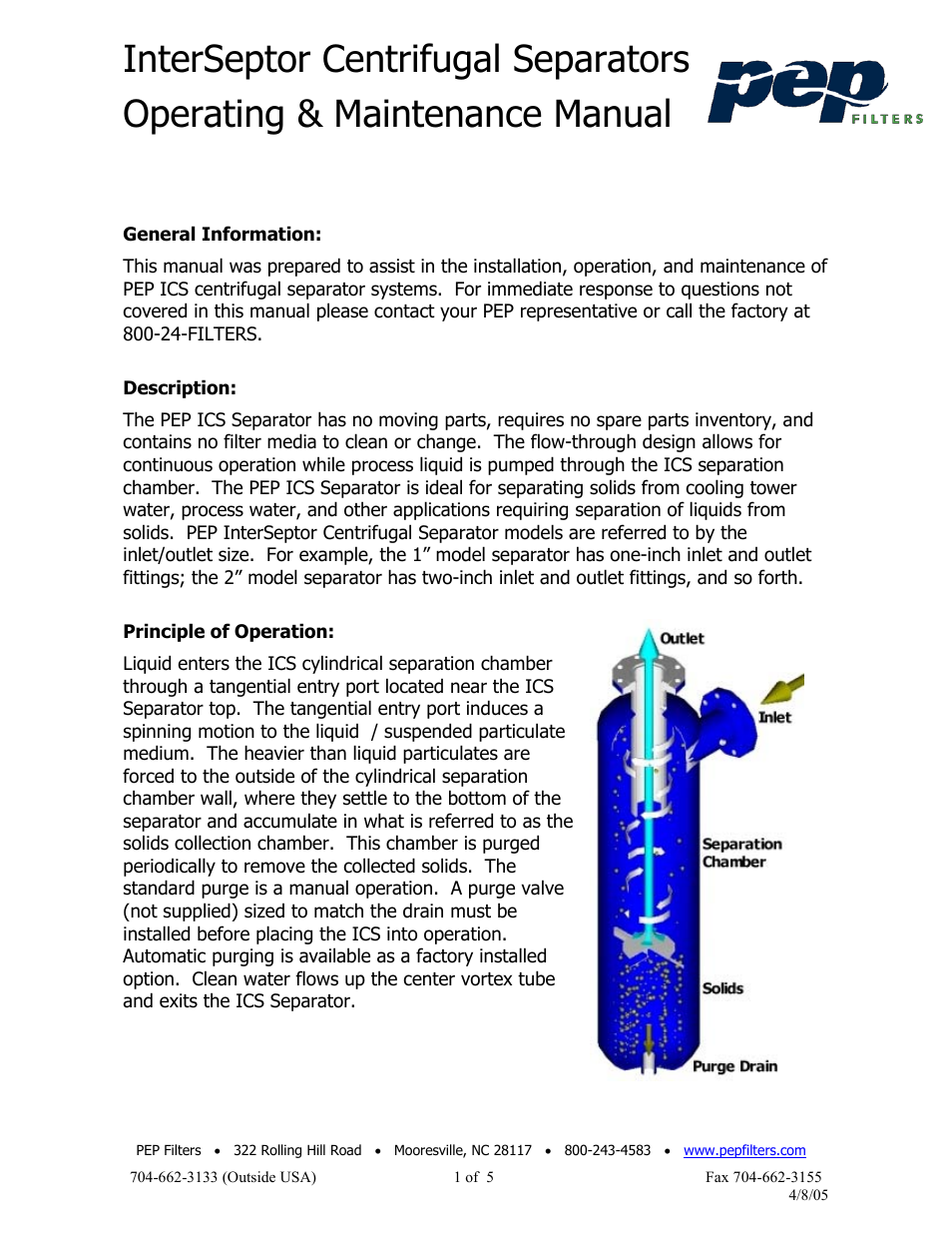 PEP Filters CENTRIFUGAL SEPARATORS User Manual | 5 pages