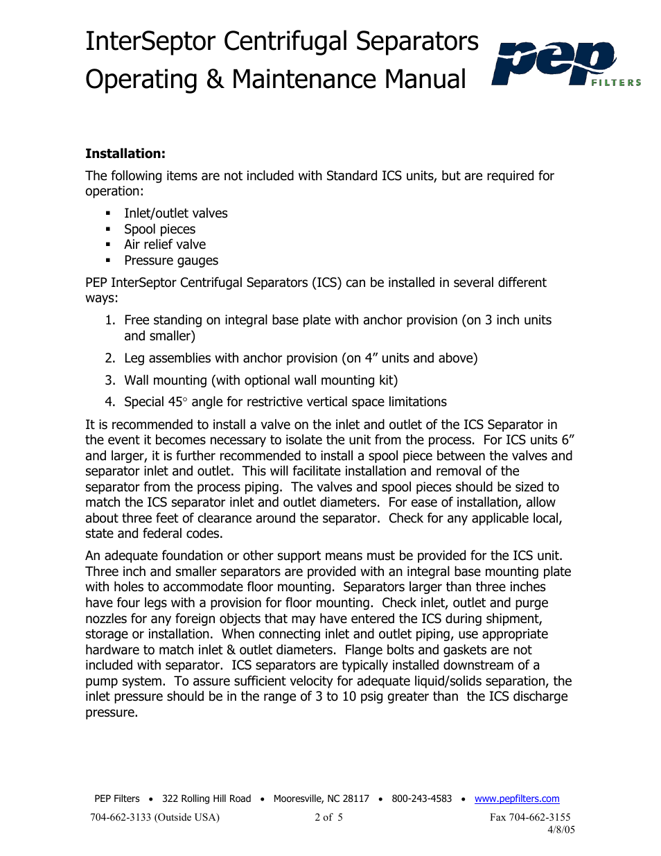 PEP Filters CENTRIFUGAL SEPARATORS User Manual | Page 2 / 5