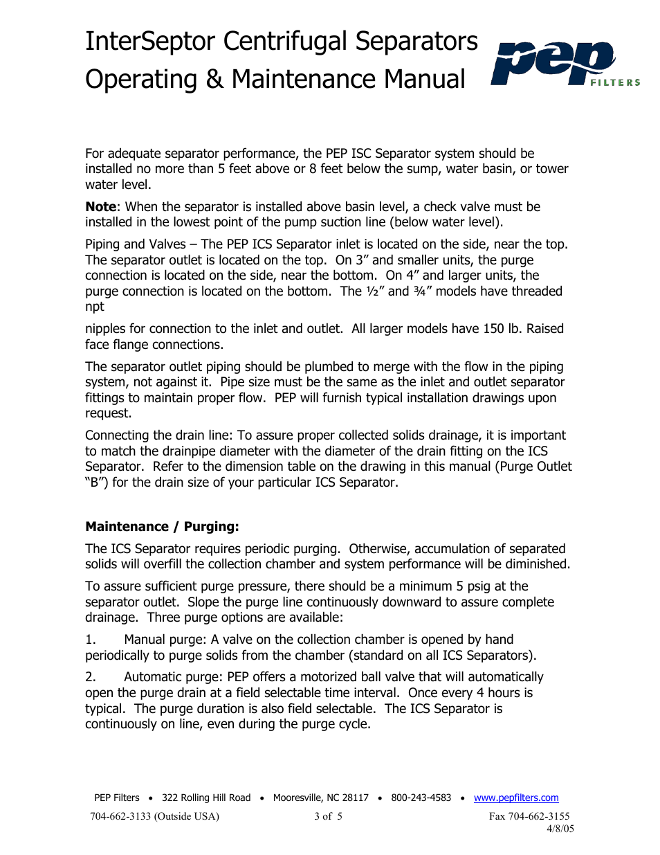PEP Filters CENTRIFUGAL SEPARATORS User Manual | Page 3 / 5
