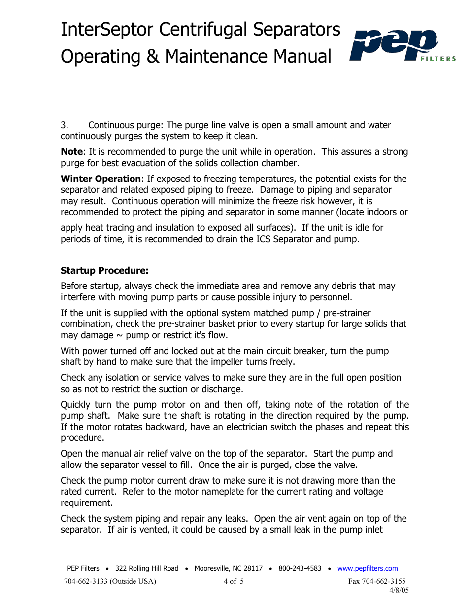 PEP Filters CENTRIFUGAL SEPARATORS User Manual | Page 4 / 5
