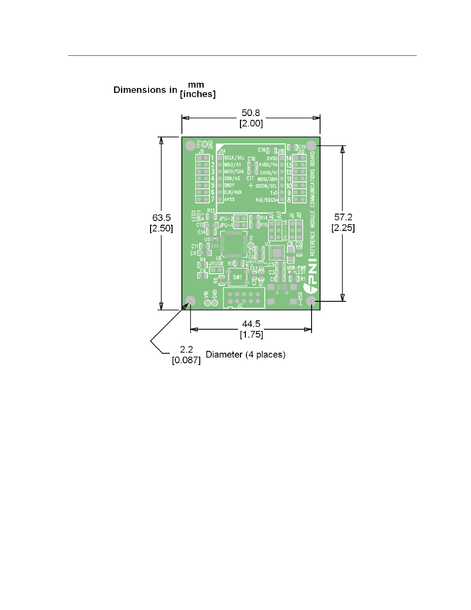Mechanical drawing, Figure 3-1: commboard top view, 1 mechanical drawing | PNI CommBoard User Manual | Page 6 / 23
