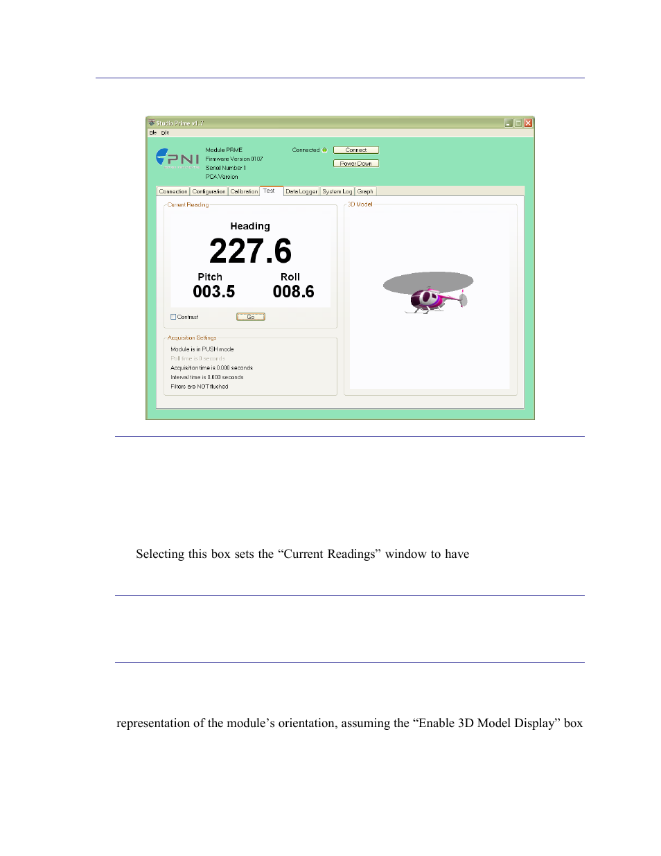 Test tab, Current reading, Acquisition settings | 3d model, 5 test tab | PNI CompassPoint Prime User Manual | Page 25 / 69