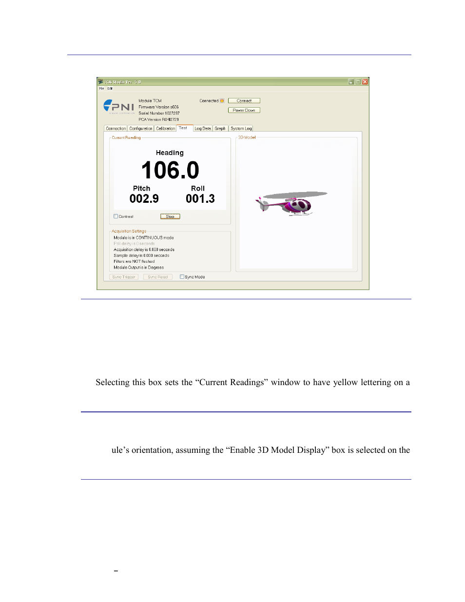 Test tab, Current reading, 3d model | Acquisition settings, 5 test tab | PNI TCM User Manual | Page 36 / 77