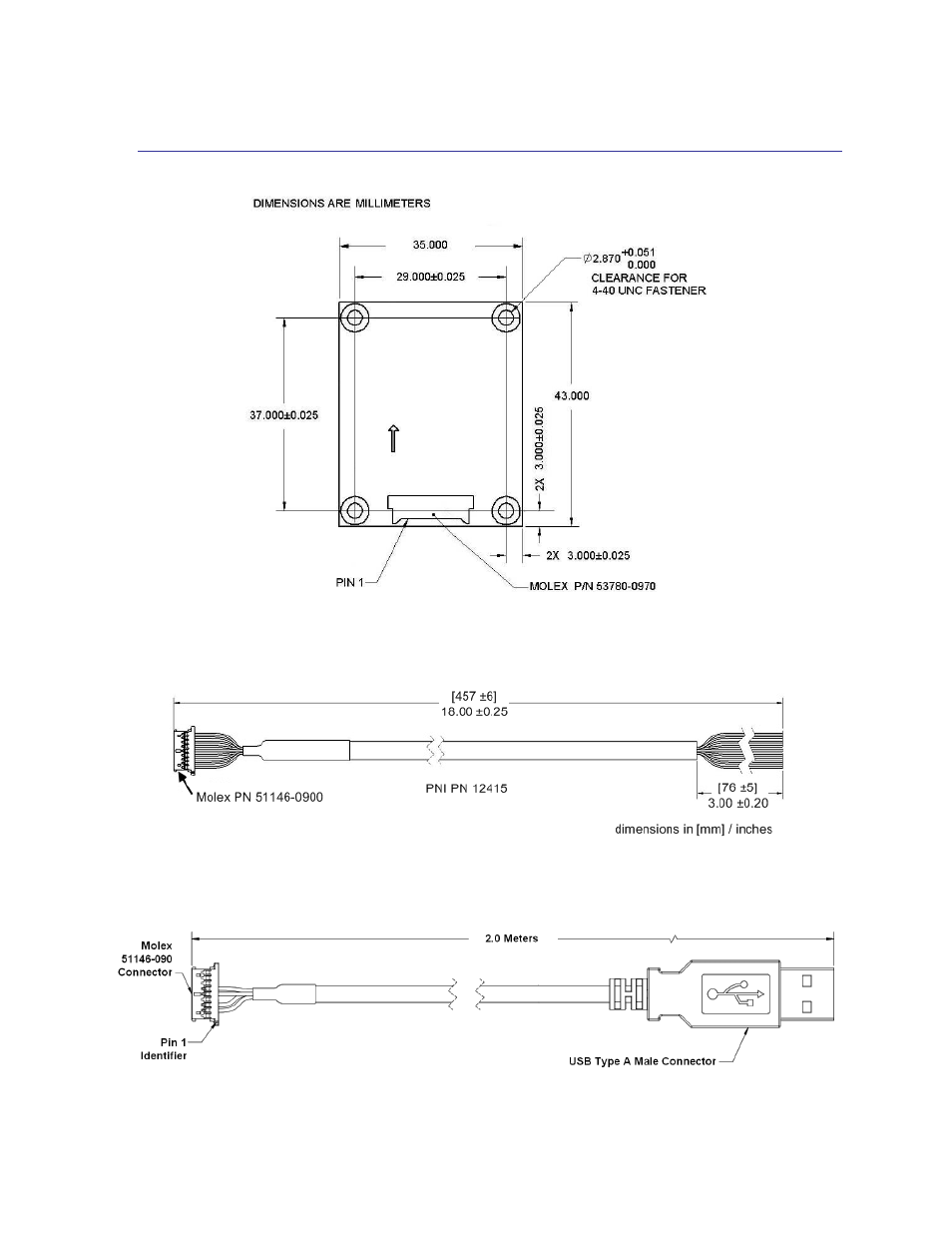 2 mechanical drawings, Mechanical drawings, Figure 3-2: trax pca mechanical drawing | Figure 3-4: molex-to-usb cable drawing, pn 13119 | PNI FieldForce Trax User Manual | Page 10 / 62