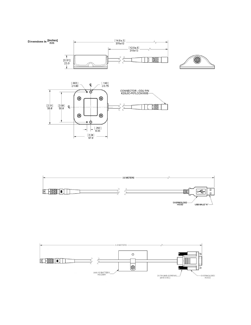 Figure 3-5: trax enclosed mechanical drawing, Figure 3-6: odu-to-usb cable drawing, pn 13082, Figure 3-7: odu-to-rs232 cable drawing, pn 13081 | PNI FieldForce Trax User Manual | Page 11 / 62