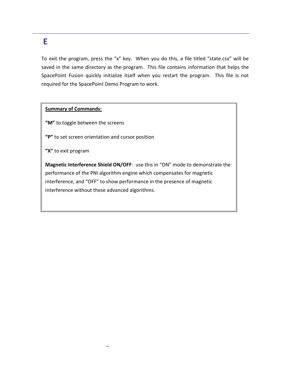 Exiting the program & summary of commands, 3exiting the program & summary of commands | PNI SpacePoint Demo User Manual | Page 11 / 12