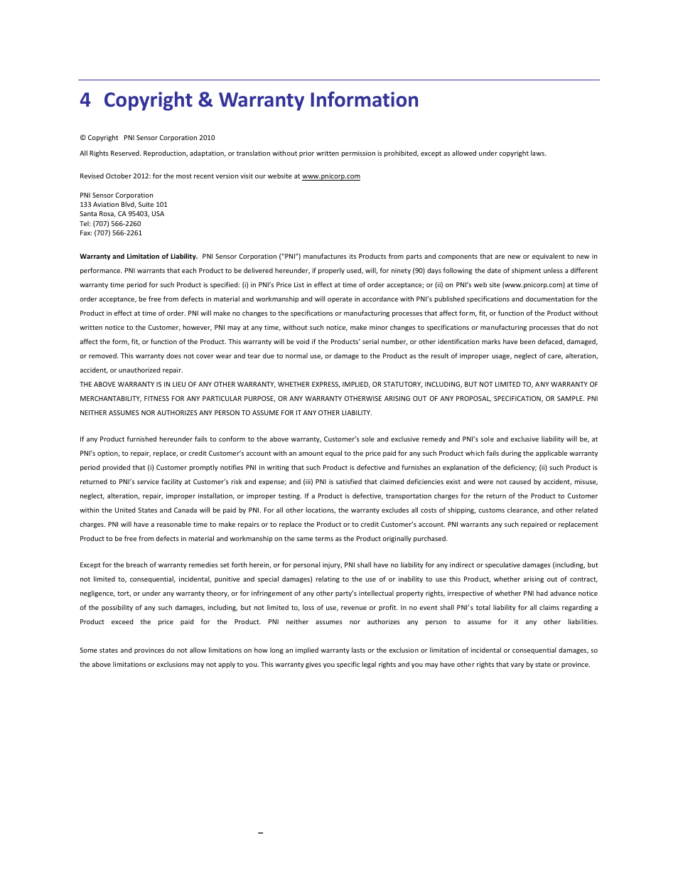 Copyright & warranty information, 4 copyright & warranty information | PNI SpacePoint Demo User Manual | Page 12 / 12