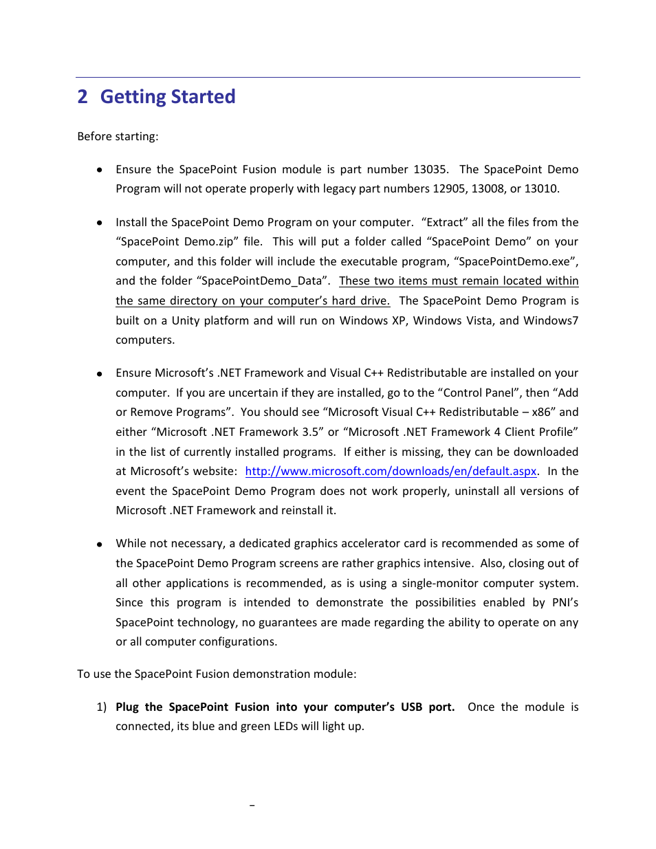 Getting started, 2 getting started | PNI SpacePoint Demo User Manual | Page 4 / 12