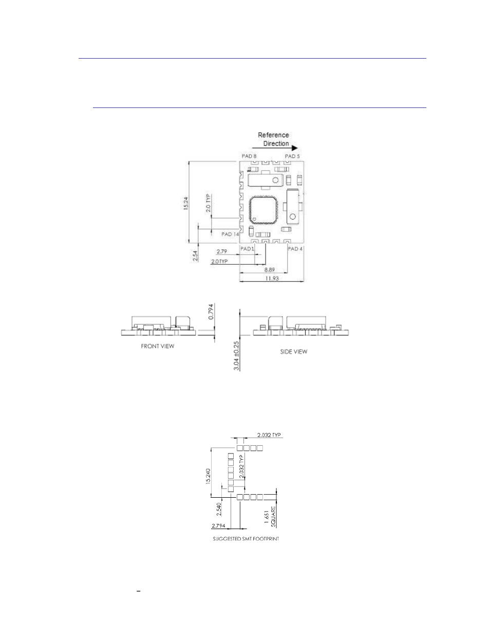 Mechanical drawings, Micromag2, Figure 3-4: micromag2 mechanical drawing | Figure 3-5: micromag2 suggested smt footprint, 3 mechanical drawings, 1 micromag2 | PNI MicroMag User Manual | Page 9 / 23