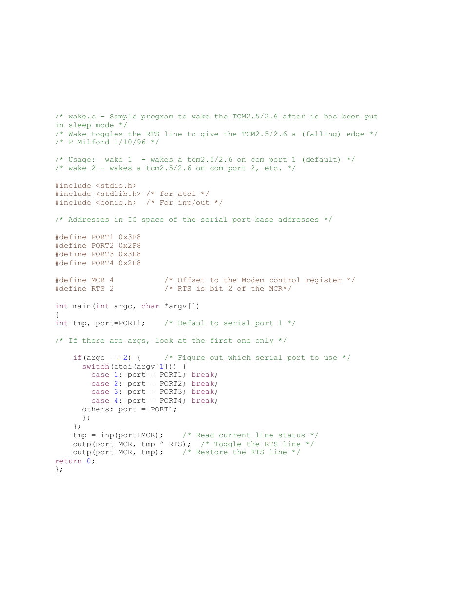 Tcm2.5/2.6 code example, Wake c program | PNI TCM 2.6 User Manual | Page 44 / 49