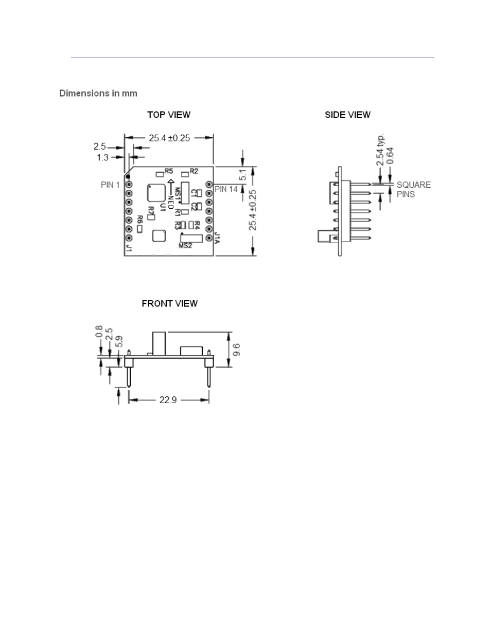 3 dimensions, Dimensions, Figure 3-4: mechanical drawing | PNI RM3000-F Evaluation Board User Manual | Page 8 / 24