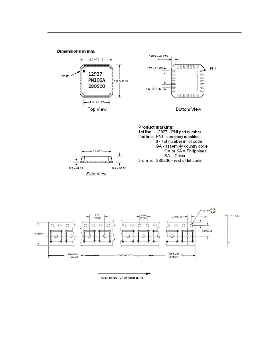 3 3d magic, 3d magic, Figure 3-16: 3d magic mlf mechanical drawing | Figure 3-17: 3d magic mlf tape dimensions | PNI RM3000-F Sensor Suite User Manual | Page 17 / 46