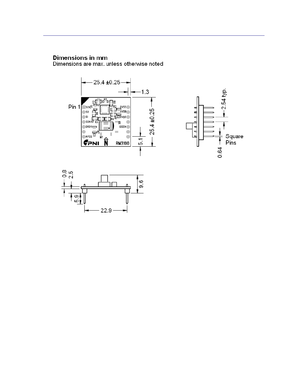 Dimensions, 2 dimensions | PNI RM3100 Evaluation Board User Manual | Page 8 / 33