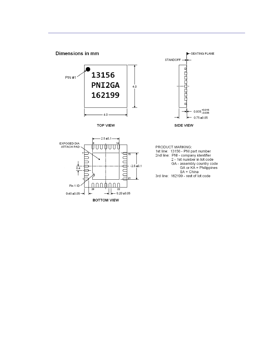 3 magi2c, Magi2c, Figure 3-7: magi2c mlf mechanical drawing | PNI RM3100 Sensor Suite User Manual | Page 13 / 44