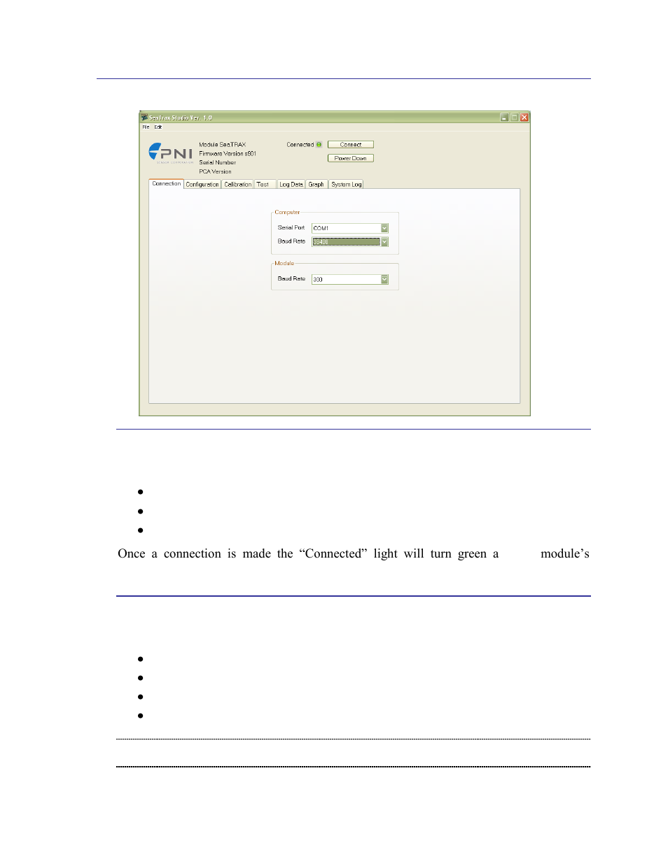 Connection tab, Initial connection, Changing baud rate | 2 connection tab | PNI SeaTRAX User Manual | Page 26 / 77