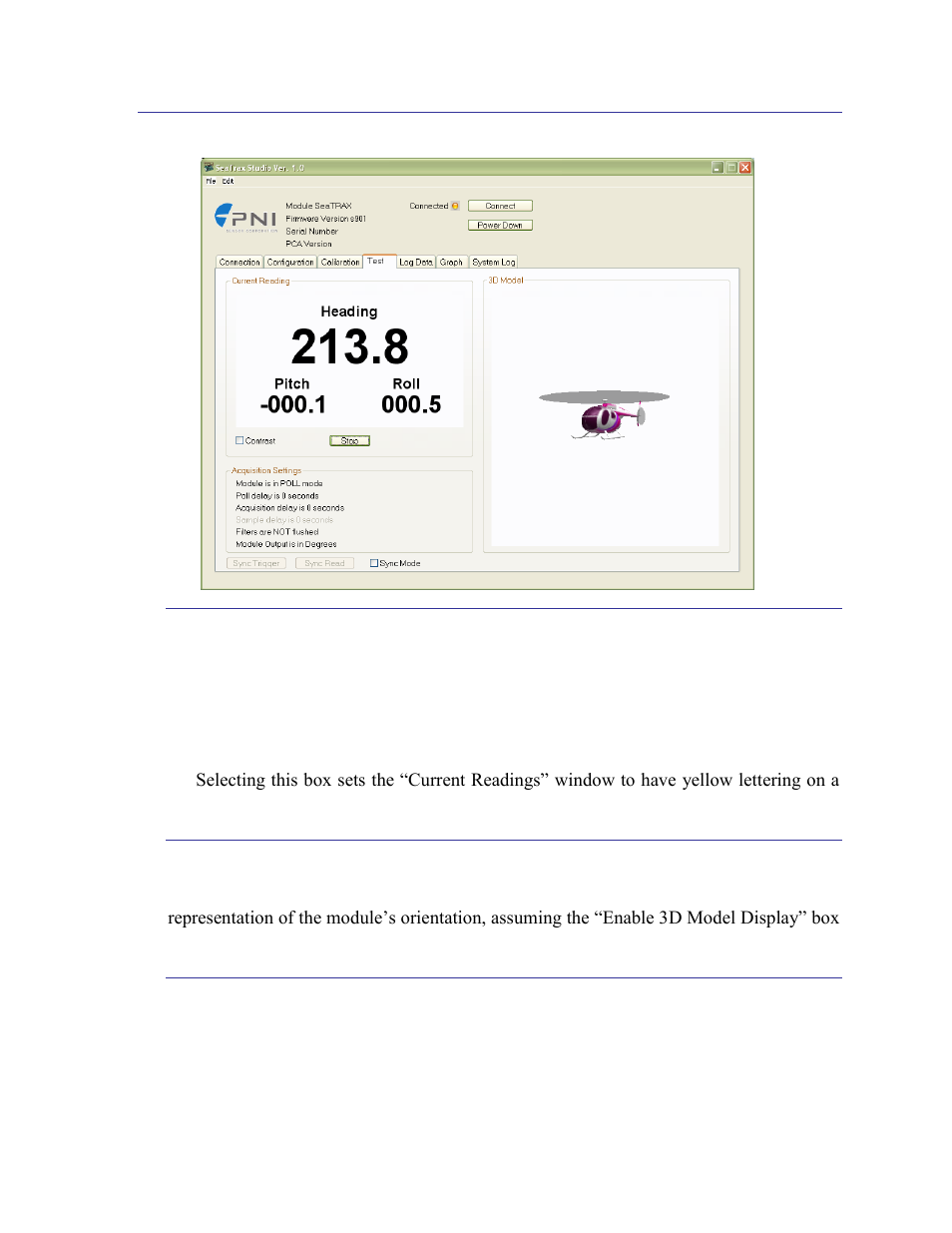 Test tab, Current reading, 3d model | Acquisition settings, 5 test tab | PNI SeaTRAX User Manual | Page 35 / 77