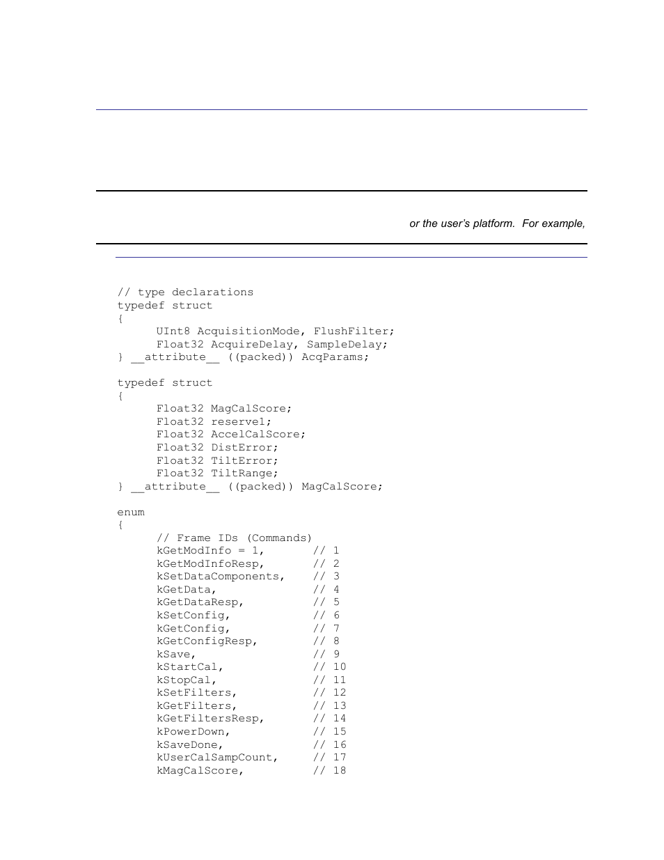 Code examples, Header file & crc-16 function, 4 code examples | 1 header file & crc-16 function | PNI SeaTRAX User Manual | Page 63 / 77