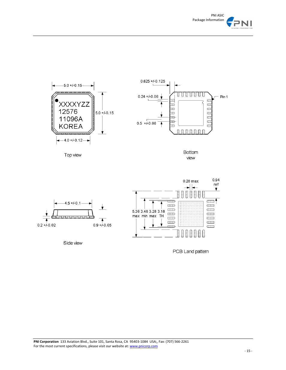 28 lead mlf (5 x 5 mm) outline dimensions | PNI ASIC User Manual | Page 15 / 19