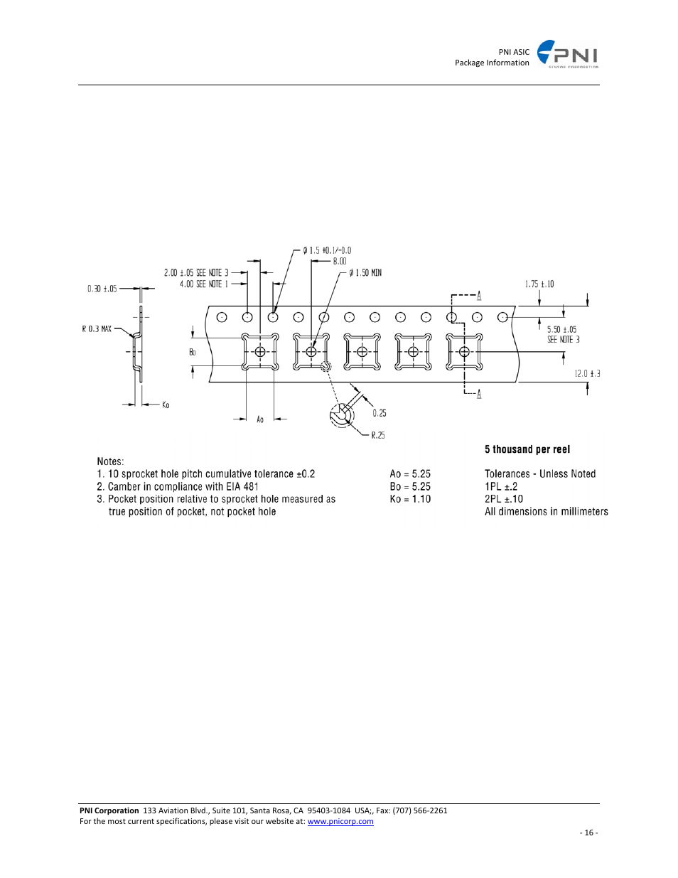 28 lead mlf (5 x 5 mm) tape & reel dimensions | PNI ASIC User Manual | Page 16 / 19