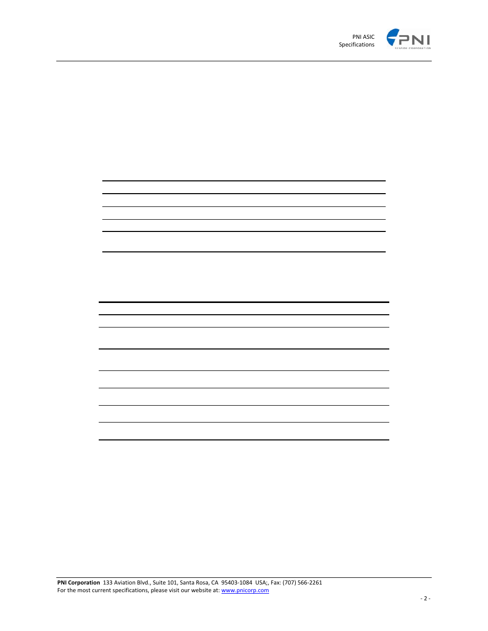 Parameter, Specifications | PNI ASIC User Manual | Page 2 / 19