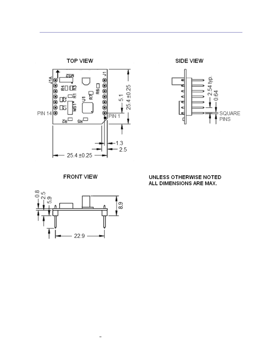 Dimensions, Figure 3-4: mechanical drawing, 3 dimensions | PNI RM3000 Evaluation Board User Manual | Page 8 / 19