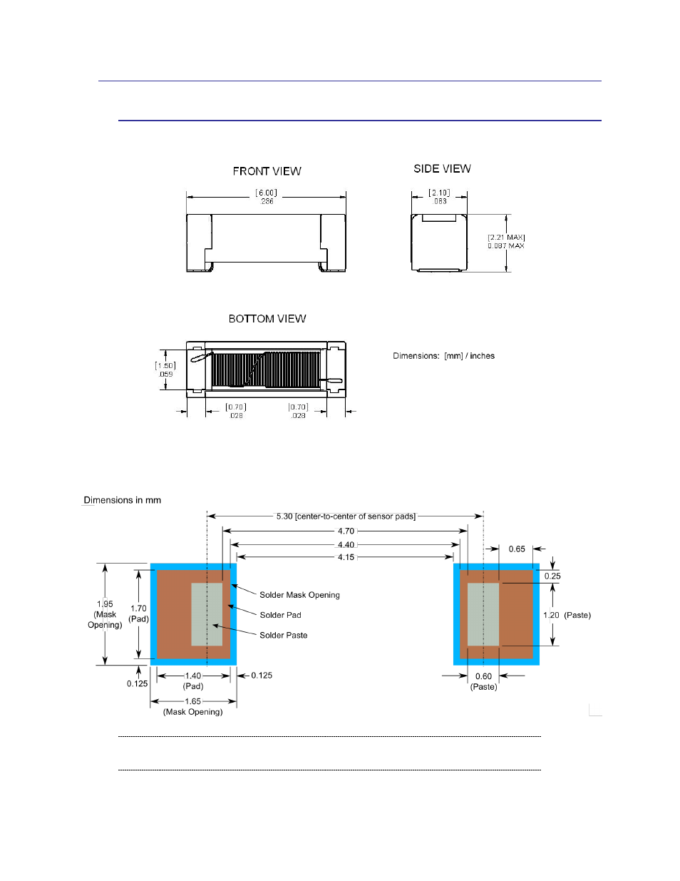 Dimensions and packaging, Sen-xy dimensions & packaging, Figure 3-7: sen-xy sensor dimensions | Figure 3-8: sen-xy solder pad layout, 5 dimensions and packaging, 1 sen-xy dimensions & packaging | PNI RM3000 Sensor Suites User Manual | Page 13 / 41