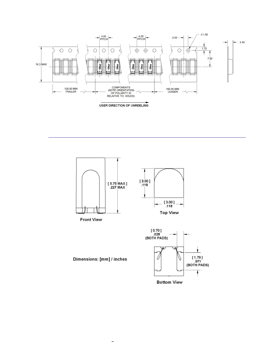 Sen-z dimensions & packaging, Figure 3-9: sen-xy tape and reel dimensions, Figure 3-10: sen-z sensor dimensions | 2 sen-z dimensions & packaging | PNI RM3000 Sensor Suites User Manual | Page 14 / 41