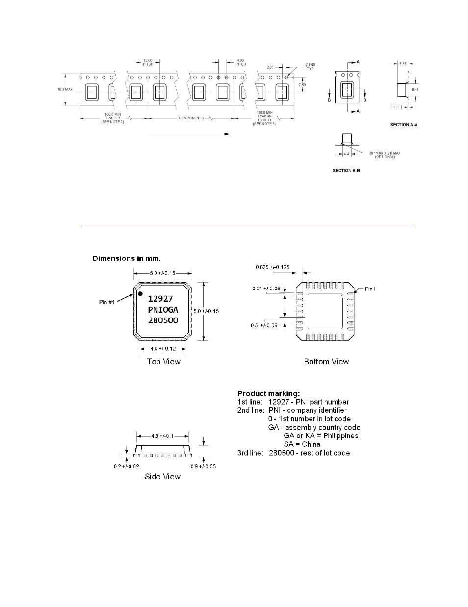 3d magic dimensions and packaging, Figure 3-15: sen-z shield tape and reel dimensions, Figure 3-16: 3d magic mechanical drawing | 4 3d magic dimensions and packaging | PNI RM3000 Sensor Suites User Manual | Page 17 / 41