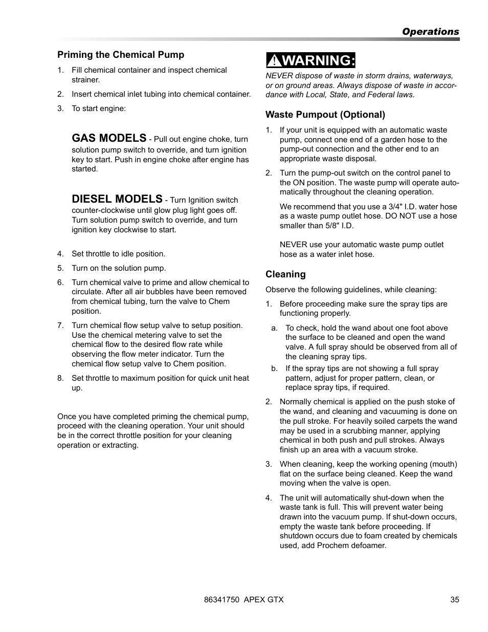 Gas models, Diesel models | Prochem Apex GTX User Manual | Page 37 / 166