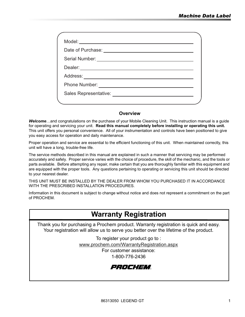 Warranty registration | Prochem Legend GT User Manual | Page 3 / 134