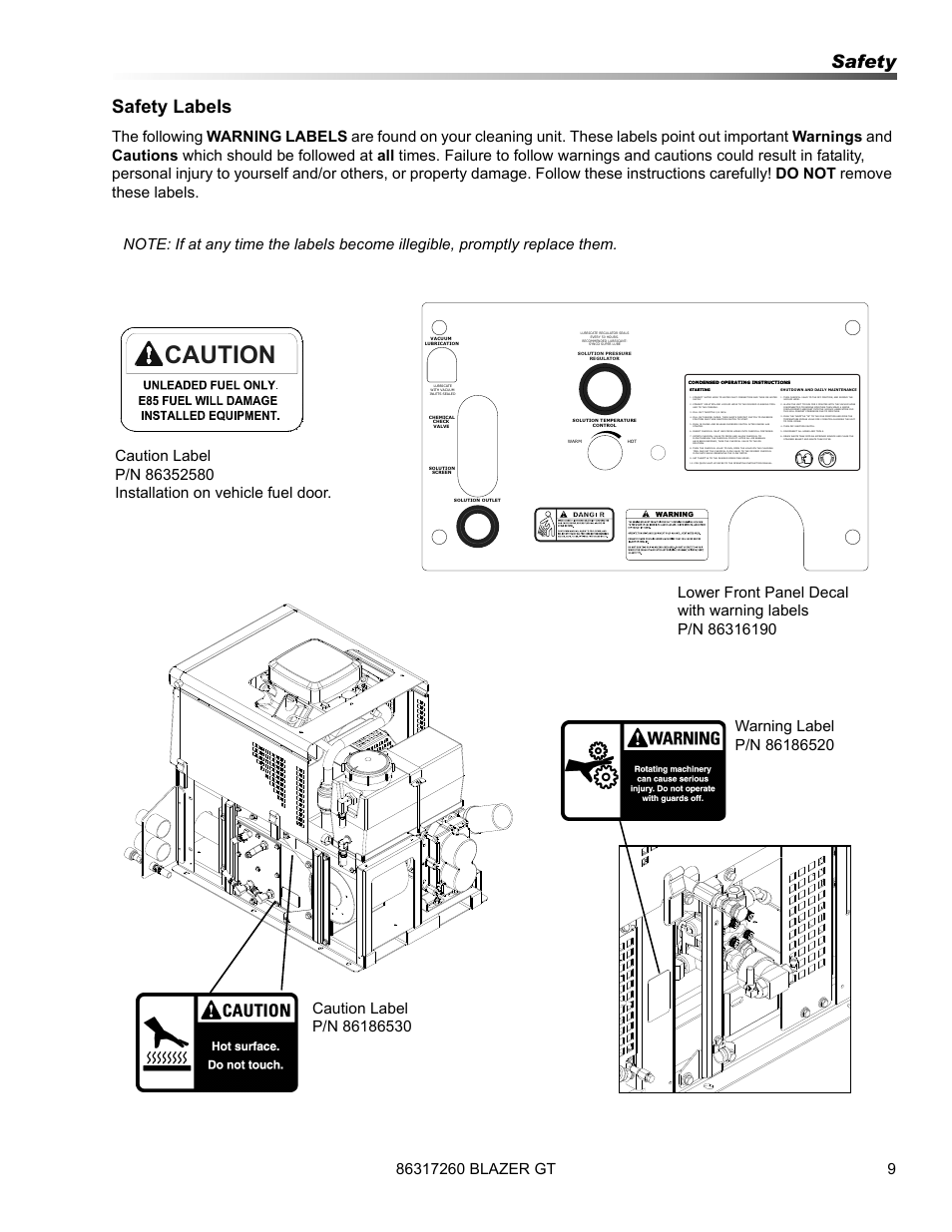 Caution, Safety safety labels | Prochem Blazer GT User Manual | Page 11 / 132