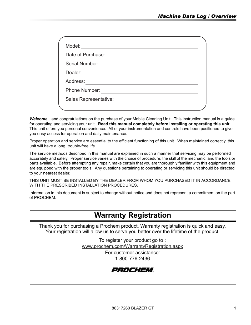Warranty registration | Prochem Blazer GT User Manual | Page 3 / 132