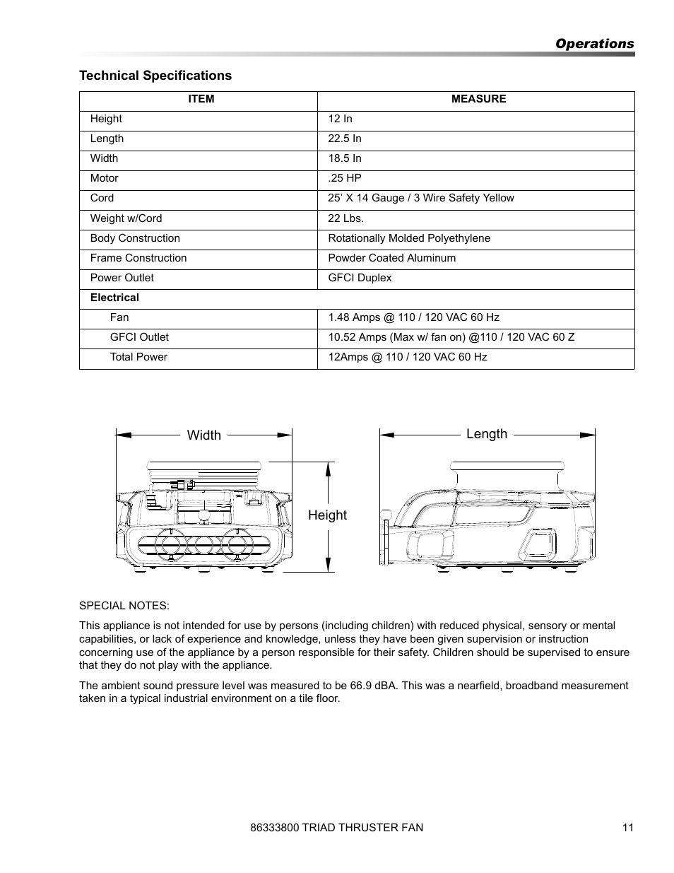 Width height length | Prochem Triad Air Mover User Manual | Page 11 / 30