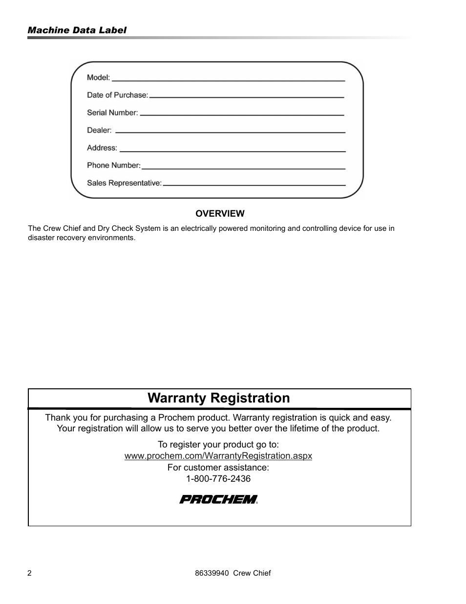 Warranty registration | Prochem Crew Chief User Manual | Page 2 / 57