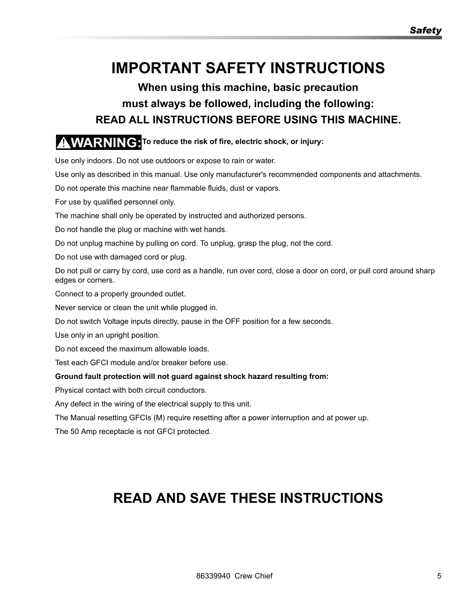 Important safety instructions, Read and save these instructions | Prochem Crew Chief User Manual | Page 5 / 57
