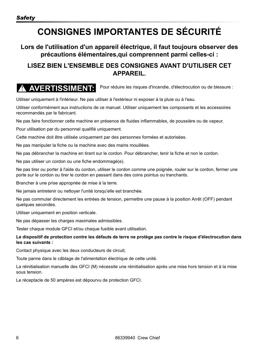 Consignes importantes de sécurité | Prochem Crew Chief User Manual | Page 6 / 57
