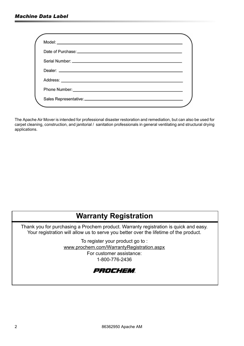 Warranty registration | Prochem Apache Air Mover User Manual | Page 2 / 14