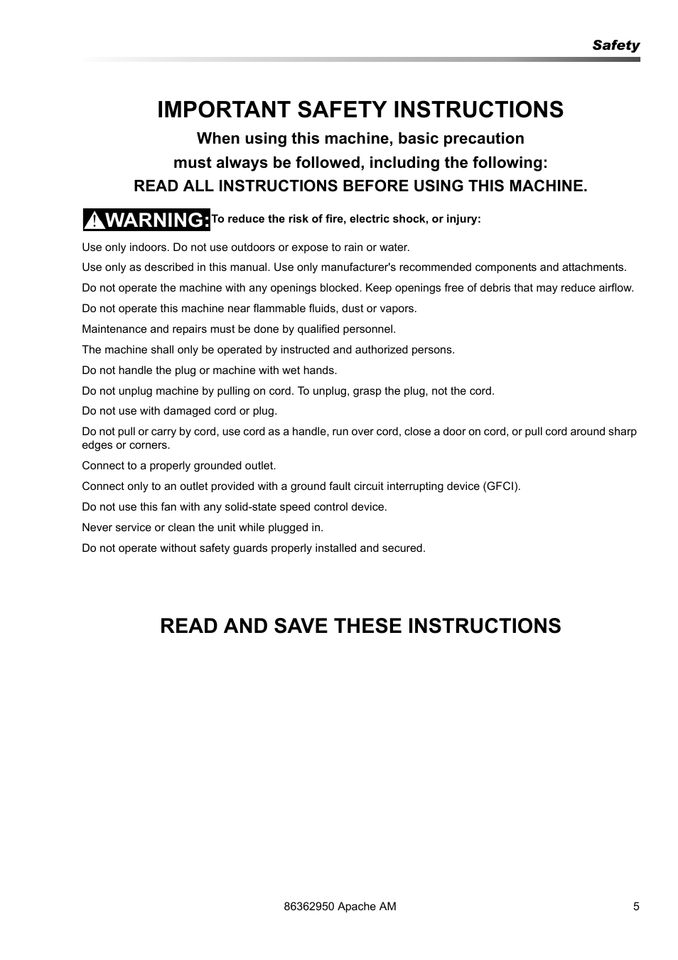 Important safety instructions, Read and save these instructions | Prochem Apache Air Mover User Manual | Page 5 / 14