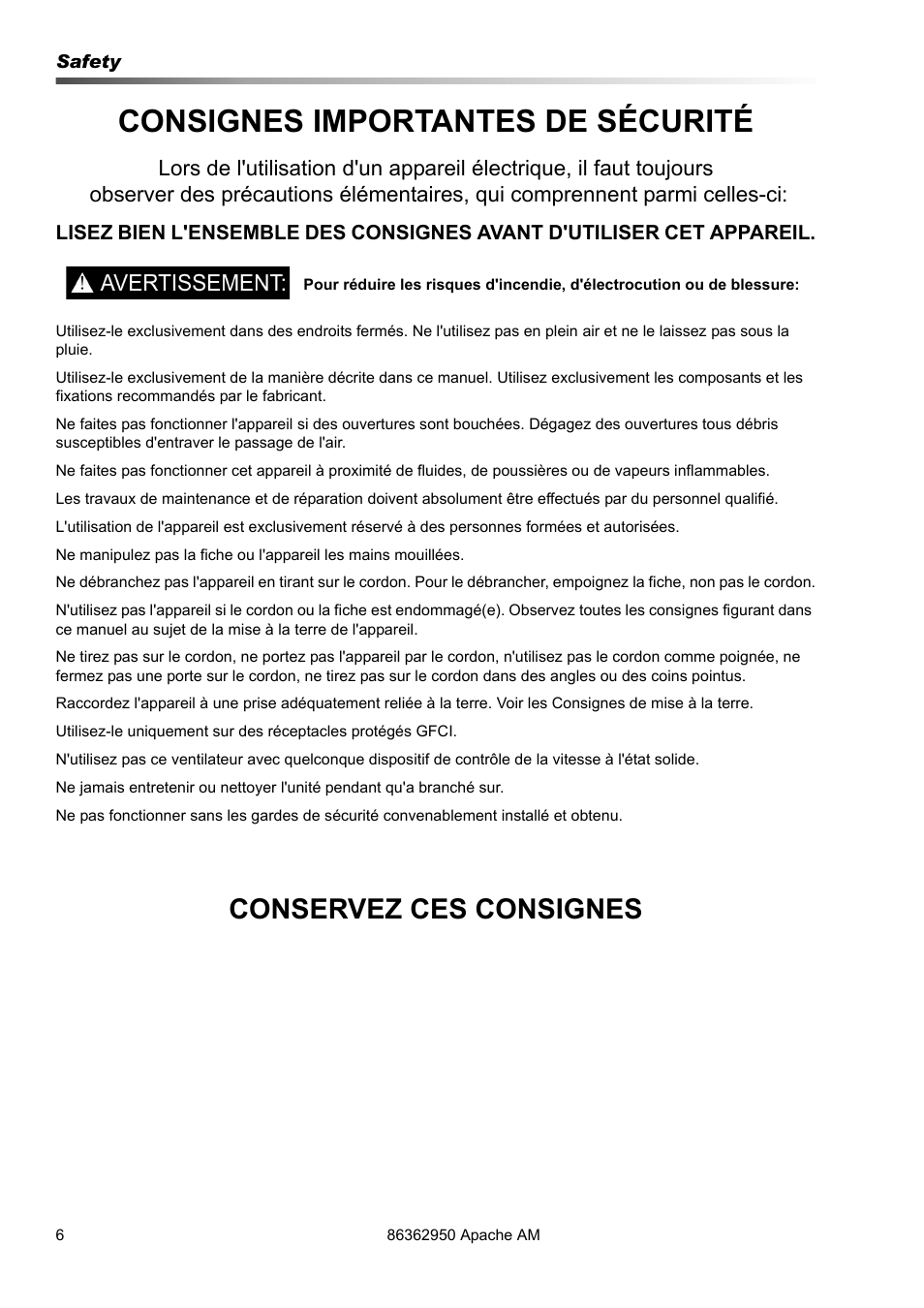 Consignes importantes de sécurité, Conservez ces consignes | Prochem Apache Air Mover User Manual | Page 6 / 14