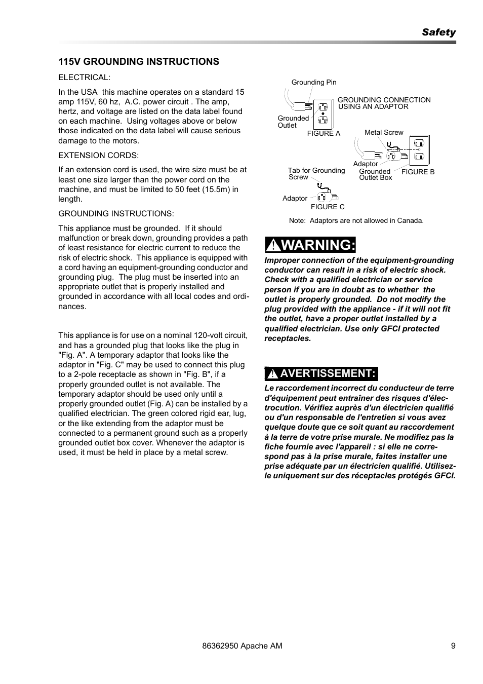 Avertissement, Safety 115v grounding instructions | Prochem Apache Air Mover User Manual | Page 9 / 14