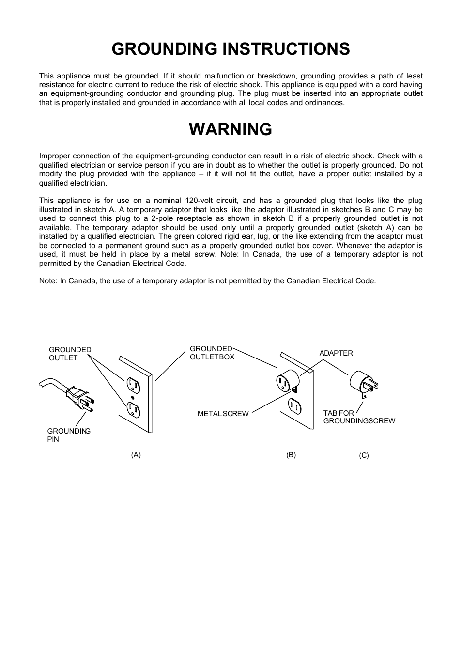 Grounding instructions, Warning | Prochem PV12 User Manual | Page 4 / 31