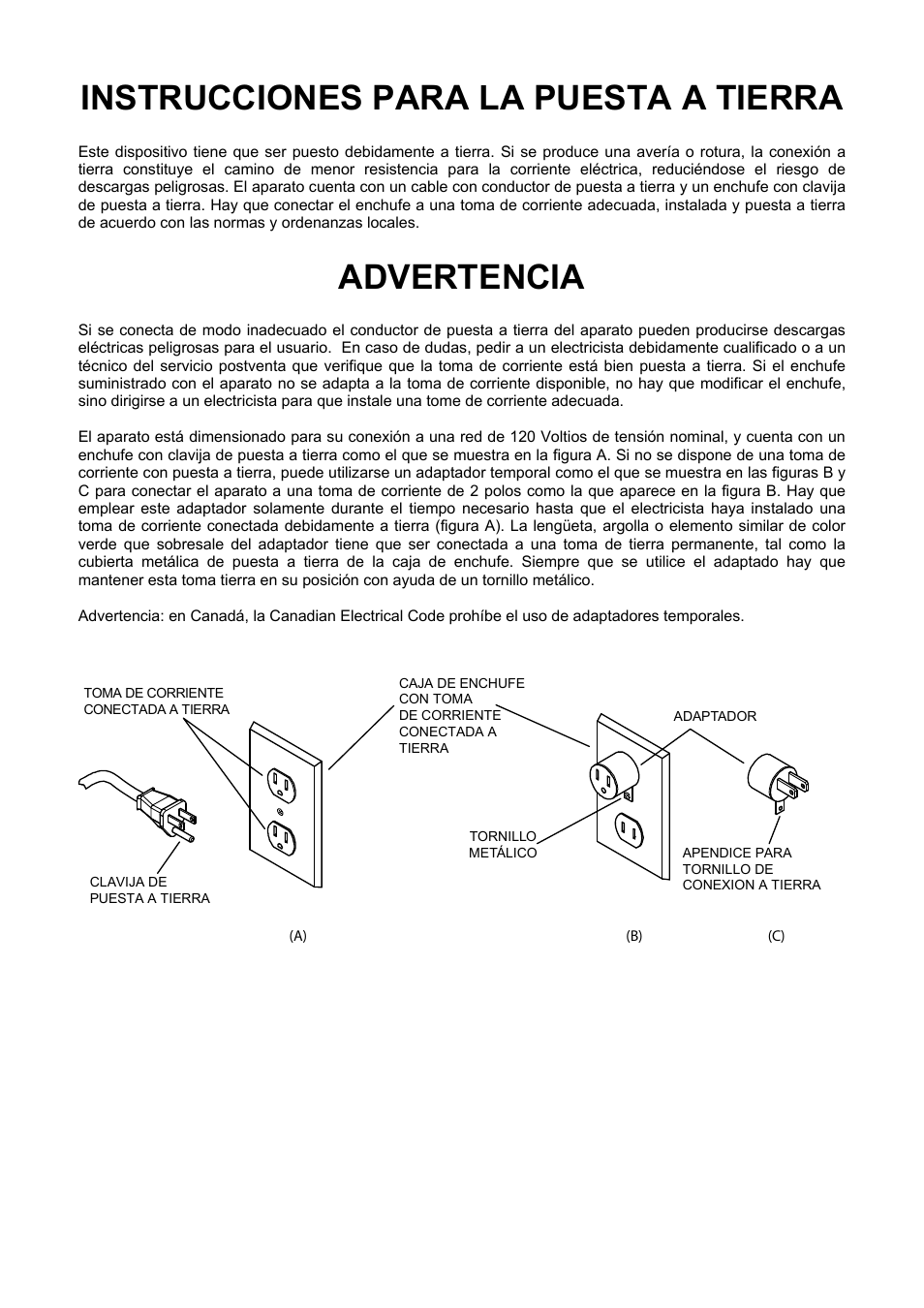 Instrucciones para la puesta a tierra, Advertencia | Prochem PV12 User Manual | Page 5 / 31