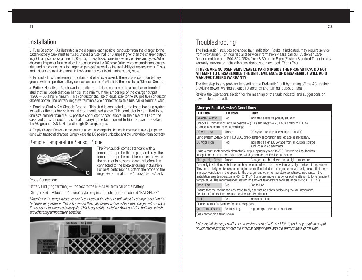 Installation, Troubleshooting, Remote temperature sensor probe | ProMariner ProNauticP User Manual | Page 12 / 16