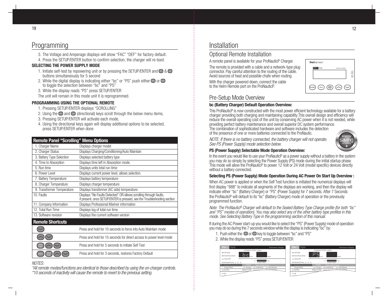 Programming, Installation, Saving | Optional remote installation, Pre-setup mode overview, Remote panel “scrolling” menu options, Remote shortcuts, Energy | ProMariner ProNauticP User Manual | Page 13 / 16