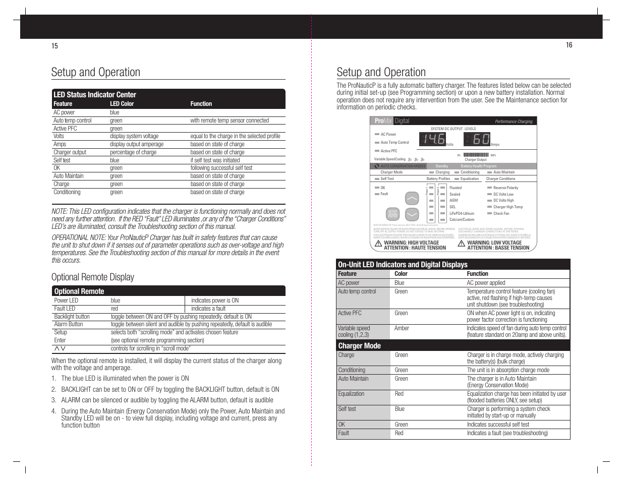 Setup and operation, Optional remote display, Led status indicator center | Optional remote, On-unit led indicators and digital displays, Charger mode | ProMariner ProNauticP User Manual | Page 16 / 16