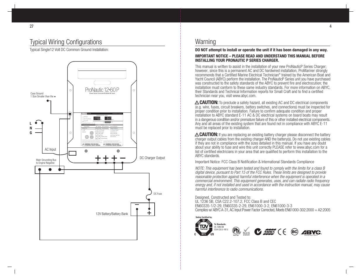 Warning, Typical wiring configurations, Pronautic 12 | 60 p, Preset-1 p reset-2, Caution | ProMariner ProNauticP User Manual | Page 5 / 16