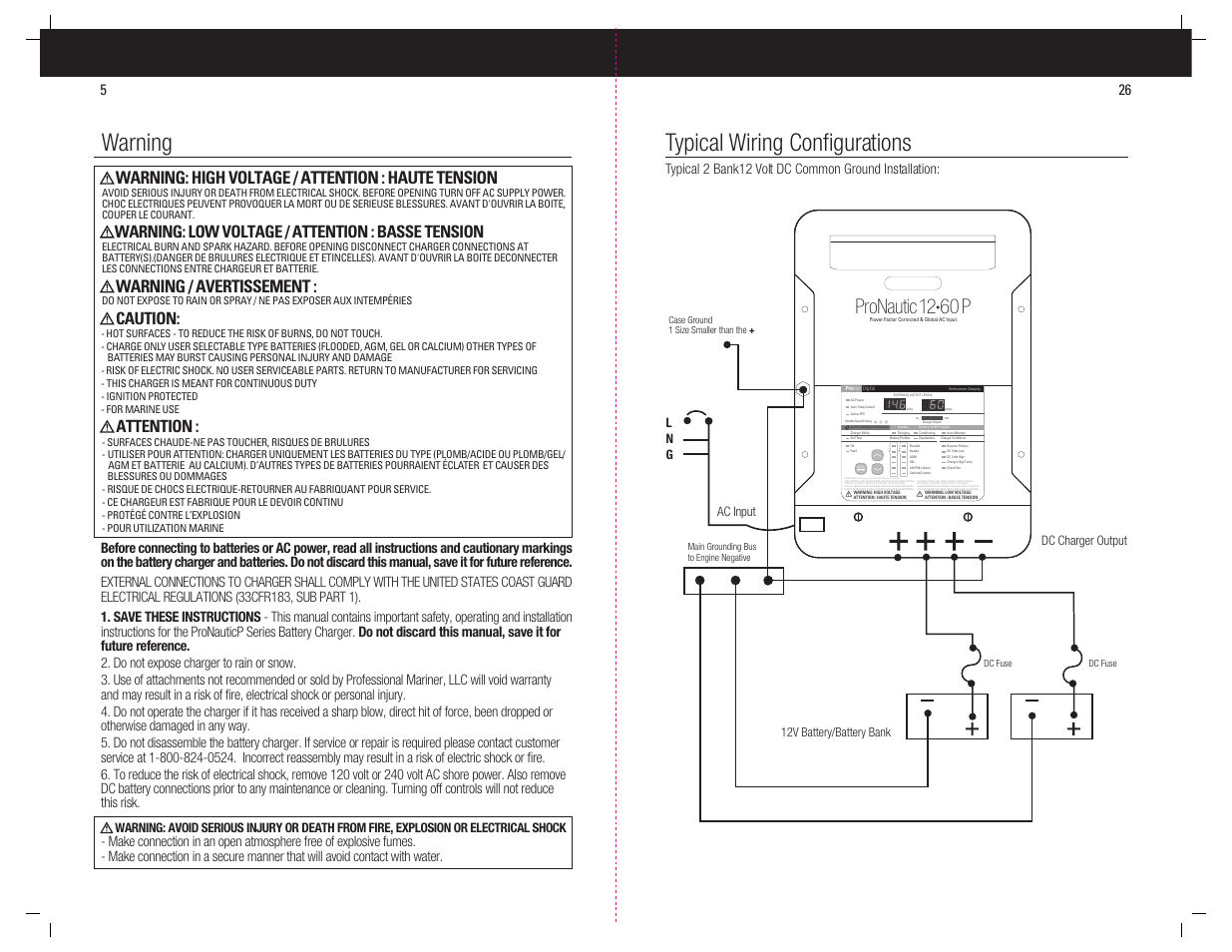 Warning typical wiring configurations, Pronautic 12, 60 p | Preset-1 p reset-2, Caution, Attention, Warning: low voltage / attention : basse tension, Warning: high voltage / attention : haute tension, Warning / avertissement | ProMariner ProNauticP User Manual | Page 6 / 16