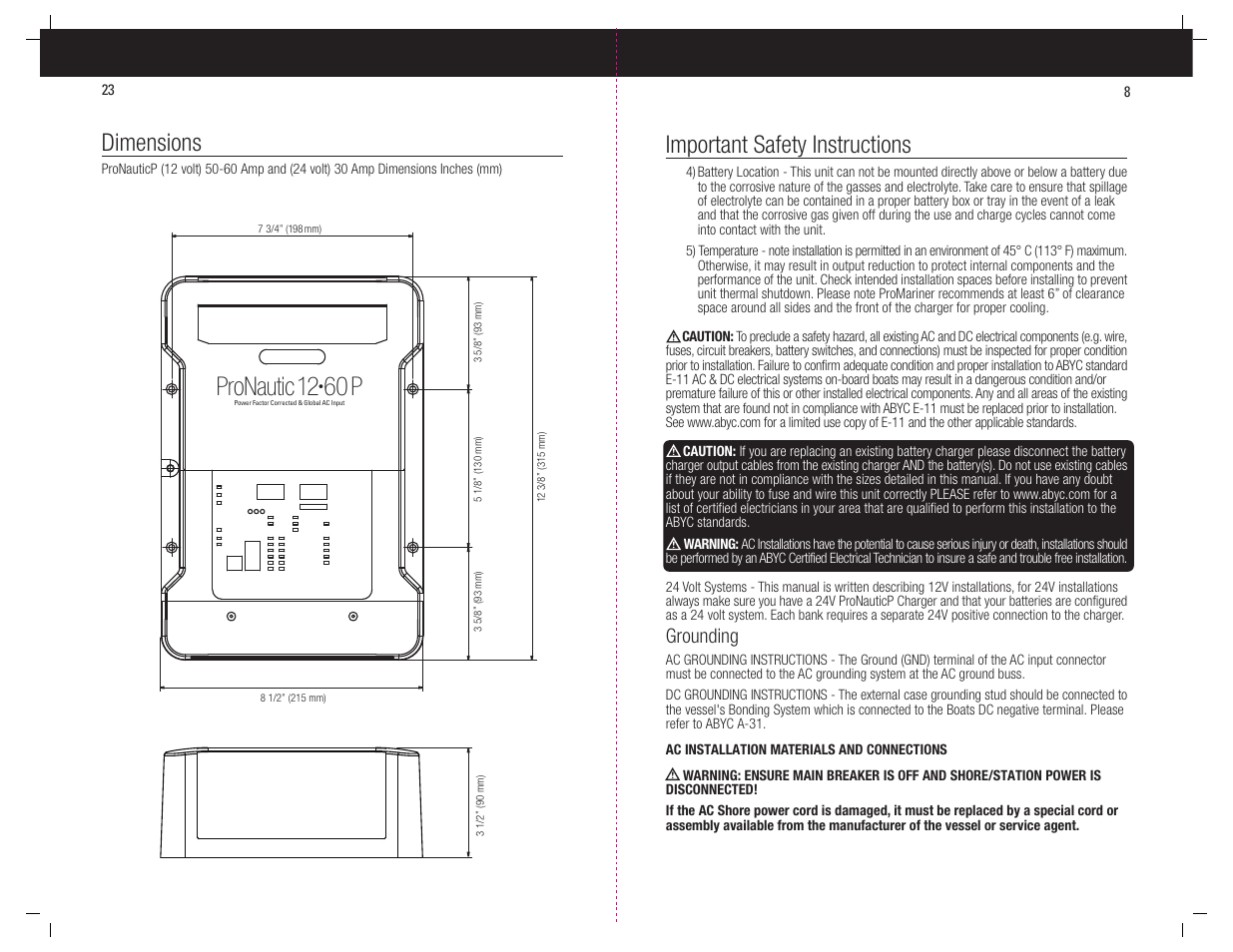 Pronautic 12, 60 p, Important safety instructions | Dimensions, Grounding | ProMariner ProNauticP User Manual | Page 9 / 16