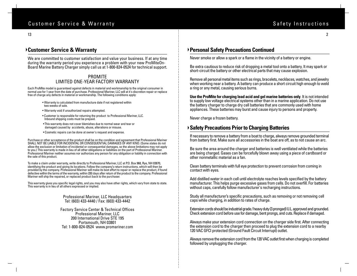 Customer service & warranty, Personal safety precautions continued, Safety precautions prior to charging batteries | ProMariner ProMite User Manual | Page 4 / 9